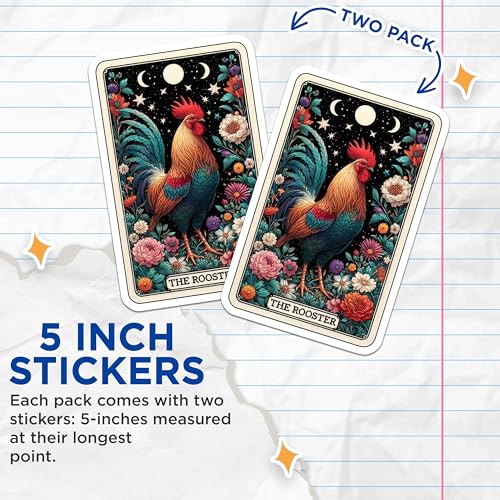 (2 Pack) Rooster Stickers - Floral Rooster Design - Farm Animal Art Stickers - Vibrant Nature Inspired Stickers - 5" On Longest Side - Sticks to Smooth Flat Surfaces - Made in USA - BMCS5491