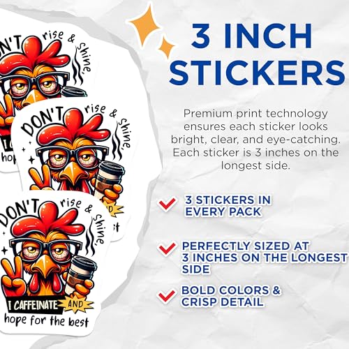 (3 Pack) Coffee Chicken Decals - Funny Rooster Decal - I Caffeinate Hope Decal - 3 Inches On Longest Side - Easy Peel & Apply - Made in USA - 3MCS1178