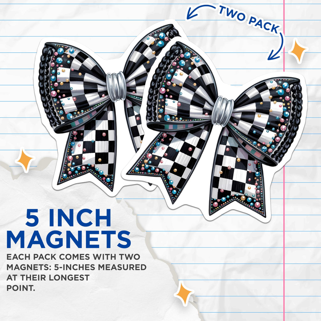(2 Pack) Black White Checkerboard Bow Magnets - Sparkling Jeweled Rhinestone Decor - Glamorous Whimsical Kitchen Accent - 5 Inches On Longest Side - Thick Durable Magnet - Made in USA - MAG23203