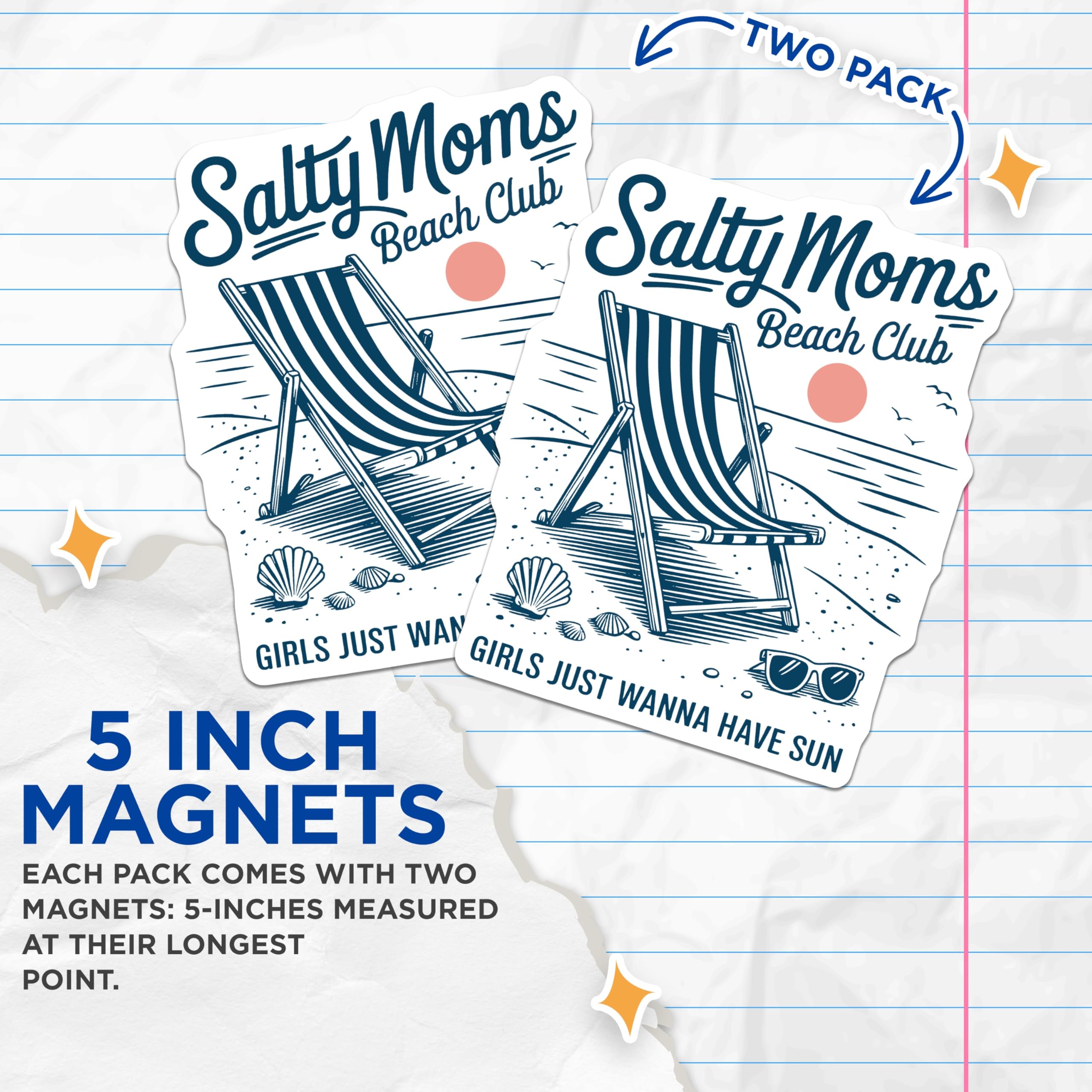 (2 Pack) Salty Moms Beach Club Magnets - Summer Vacation Decor - Girls Just Wanna Have Sun - 5 Inches On Longest Side - Thick Durable Magnet - Made in USA - MAG19442