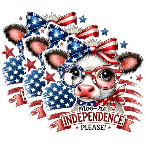 (3 Pack) Patriotic Cow Decals - USA Flag Glasses - 4th of July Laptop Decal - 3 Inches On Longest Side - Easy Peel & Apply - Made in USA - 3MCS1535