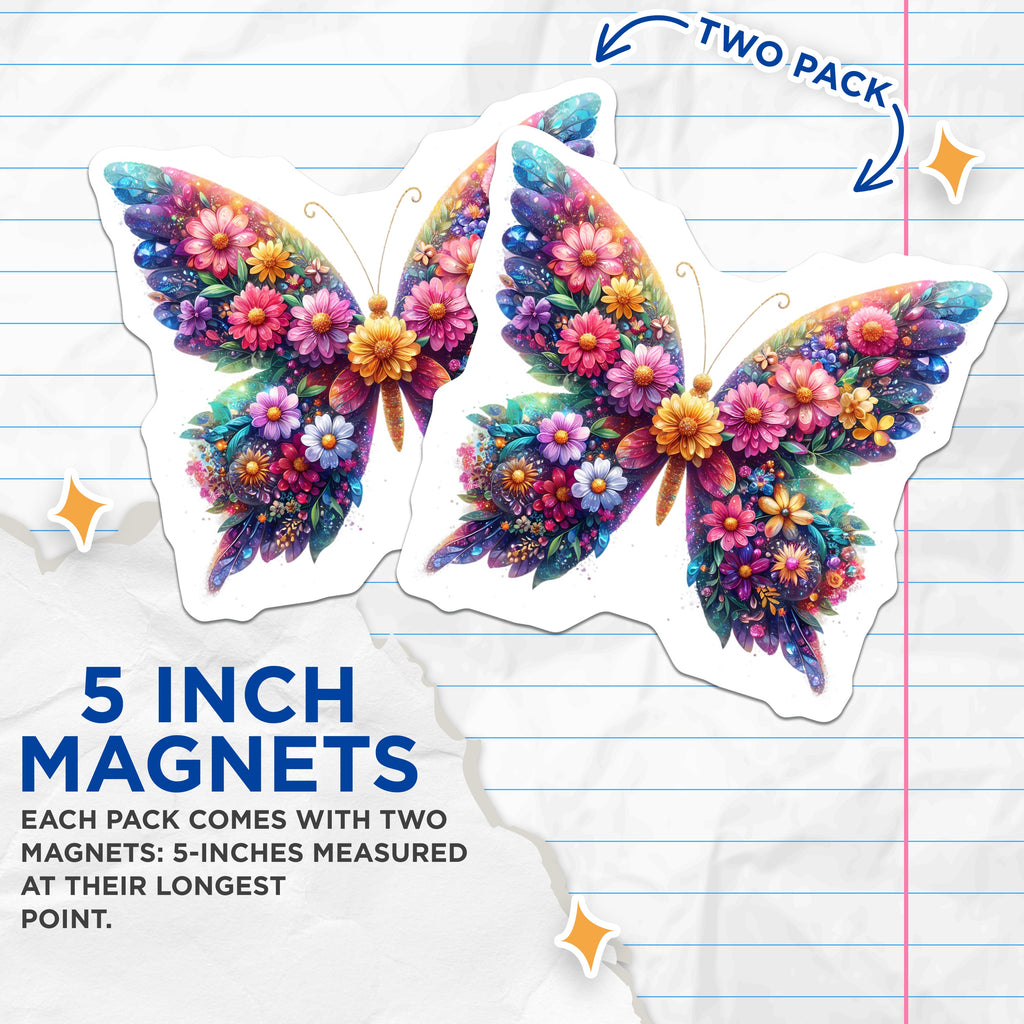 (2 Pack) Butterfly Floral Magnets - Vibrant Nature Decor - Whimsical Refrigerator Aesthetic - 5 Inches On Longest Side - Thick Durable Magnet - Made in USA - MAG37815