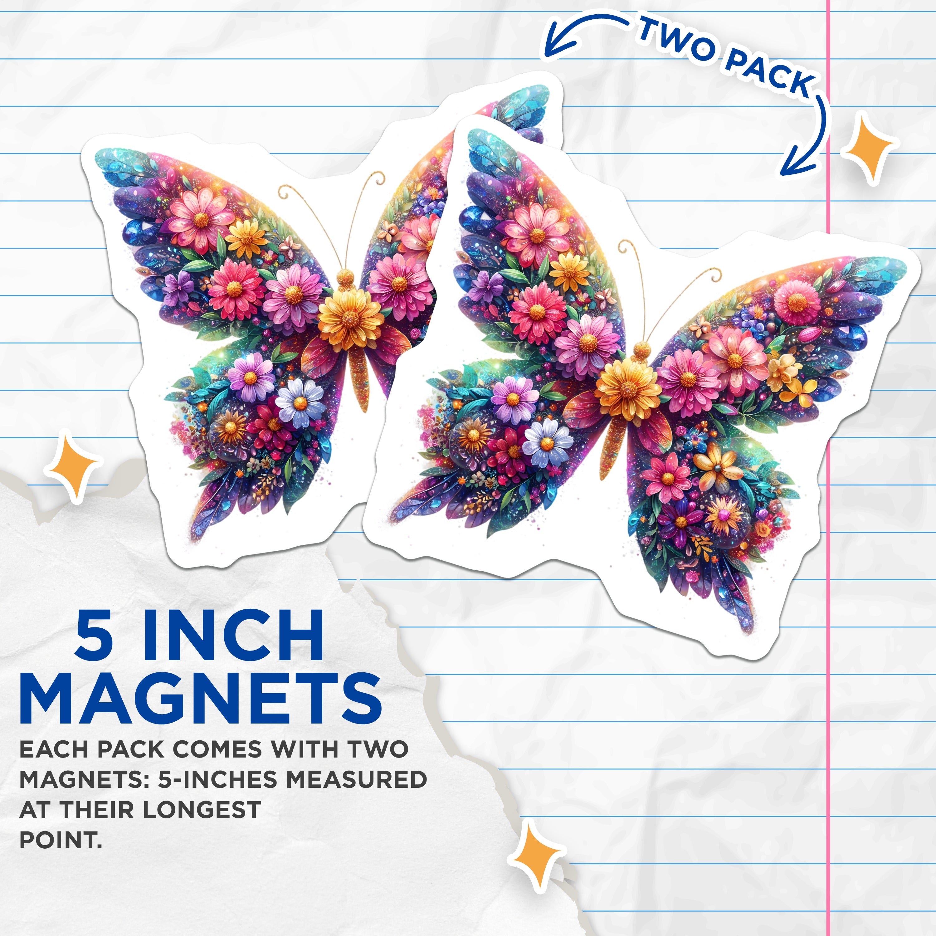 (2 Pack) Butterfly Floral Magnets - Vibrant Nature Decor - Whimsical Refrigerator Aesthetic - 5 Inches On Longest Side - Thick Durable Magnet - Made in USA - MAG37815