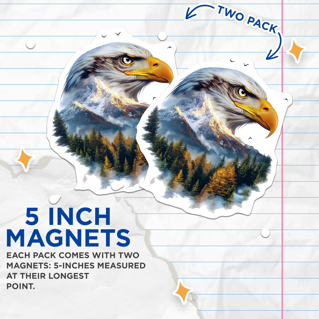 (2 Pack) Eagle Magnets - Mountain Nature Art - Refrigerator Decoration - 5" On Longest Side - Premium Magnet - for Cars, Refrigerators, Toolboxes, Lockers - Made in USA - MAG14121