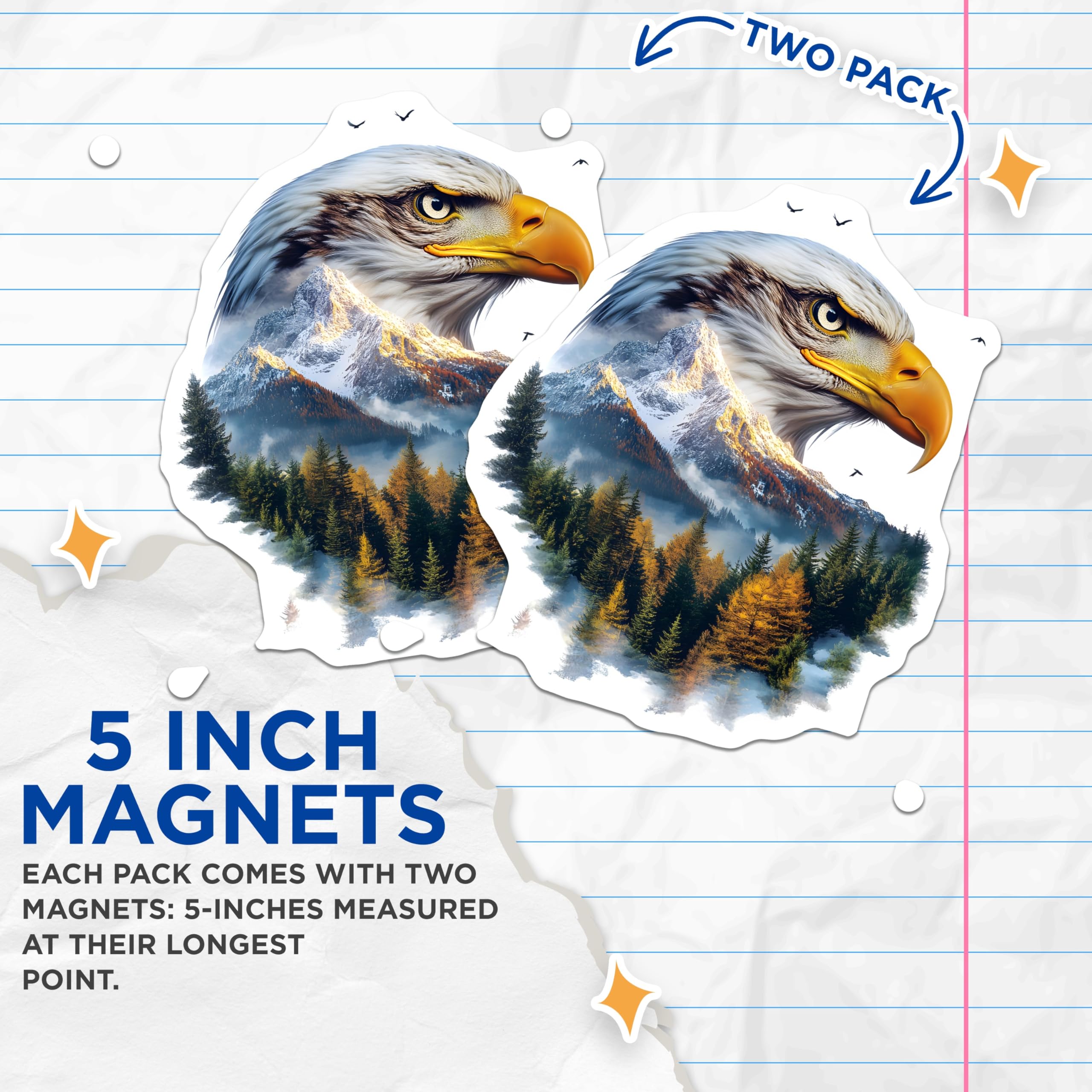 (2 Pack) Eagle Magnets - Mountain Nature Art - Refrigerator Decoration - 5" On Longest Side - Premium Magnet - for Cars, Refrigerators, Toolboxes, Lockers - Made in USA - MAG14121