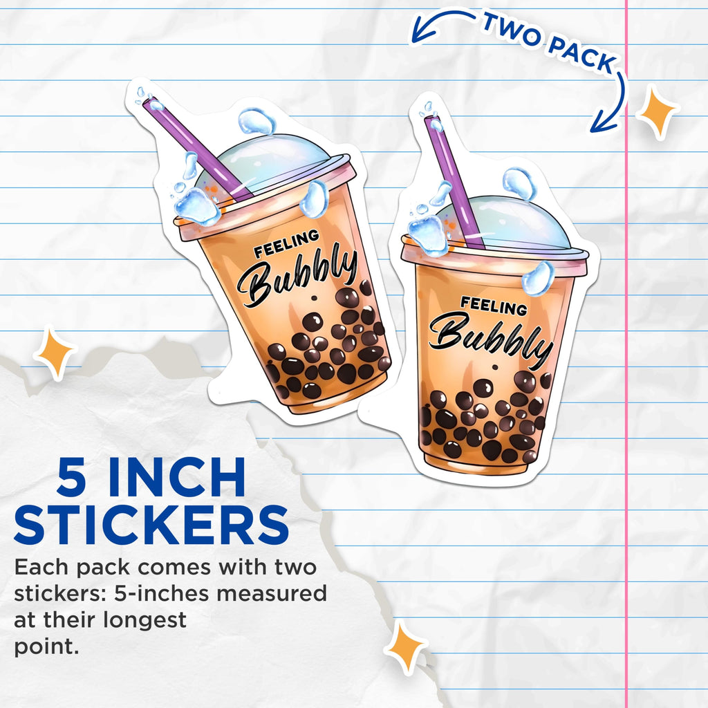 (2 Pack) Feeling Bubbly Stickers - Bubble Tea Aesthetic - Cute Boba Drink Decals - 5" On Longest Side - Sticks to Smooth Flat Surfaces - Made in USA - BMCS7755