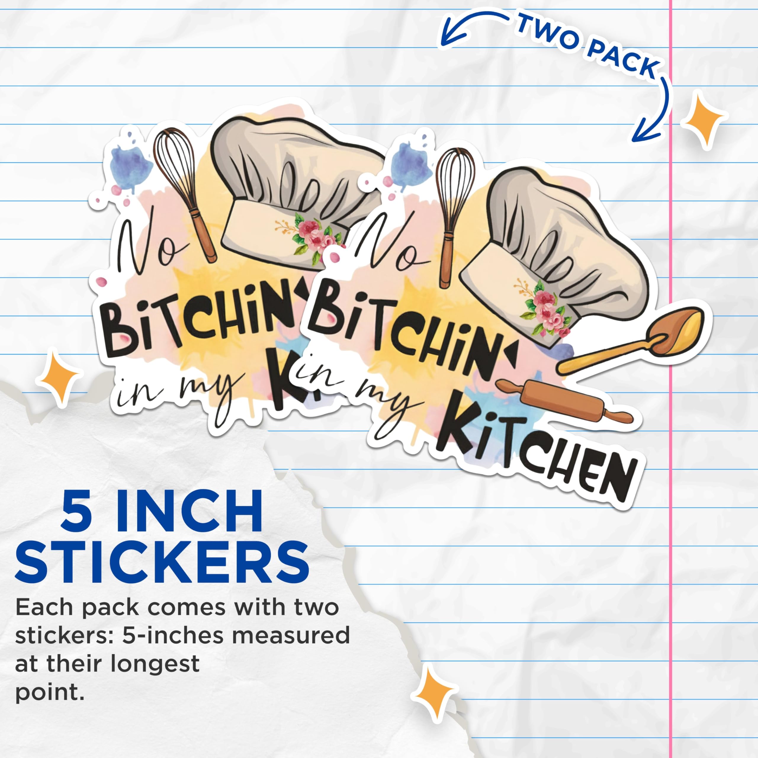 (2 Pack) Funny Kitchen Quote Stickers - Chef Hat Stickers - Cooking Theme Stickers - 5" On Longest Side - Sticks to Any Smooth Flat Surface - Made in USA - BMCS3015