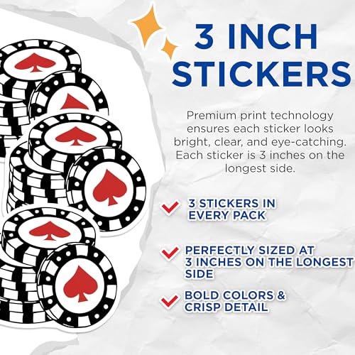 (3 Pack) Poker Chip Decals - Casino Theme - Gaming Decorations- 3 Inches On Longest Side - Easy Peel & Apply - Made in USA - 3MCS5768