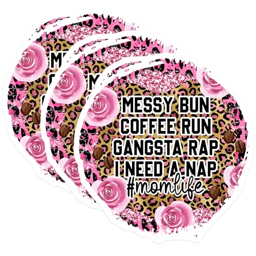 (3 Pack) Messy Bun Coffee Run Decals - Mom Life Gangsta Rap Decal - Laptop Decals - 3 Inches On Longest Side - Easy Peel & Apply - Made in USA - 3MCS4469