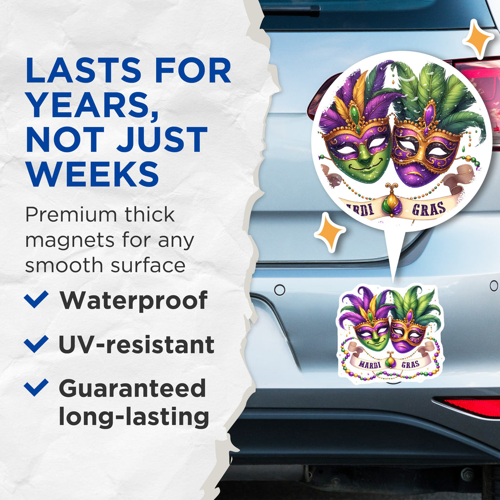 (2 Pack) Mardi Gras Masks Magnets - New Orleans Decor - Festival Party Supplies - Fat Tuesday Celebration - 5 Inches On Longest Side - Thick Durable Magnet - Made in USA - MAG38736