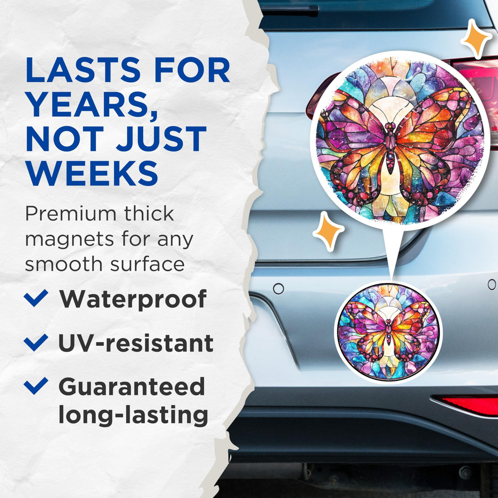 (2 Pack) Stained Glass Butterfly Magnets - Vibrant Fridge Decor - Artistic Home Accent - 5 Inches On Longest Side - Thick Durable Magnet - Made in USA - MAG30227
