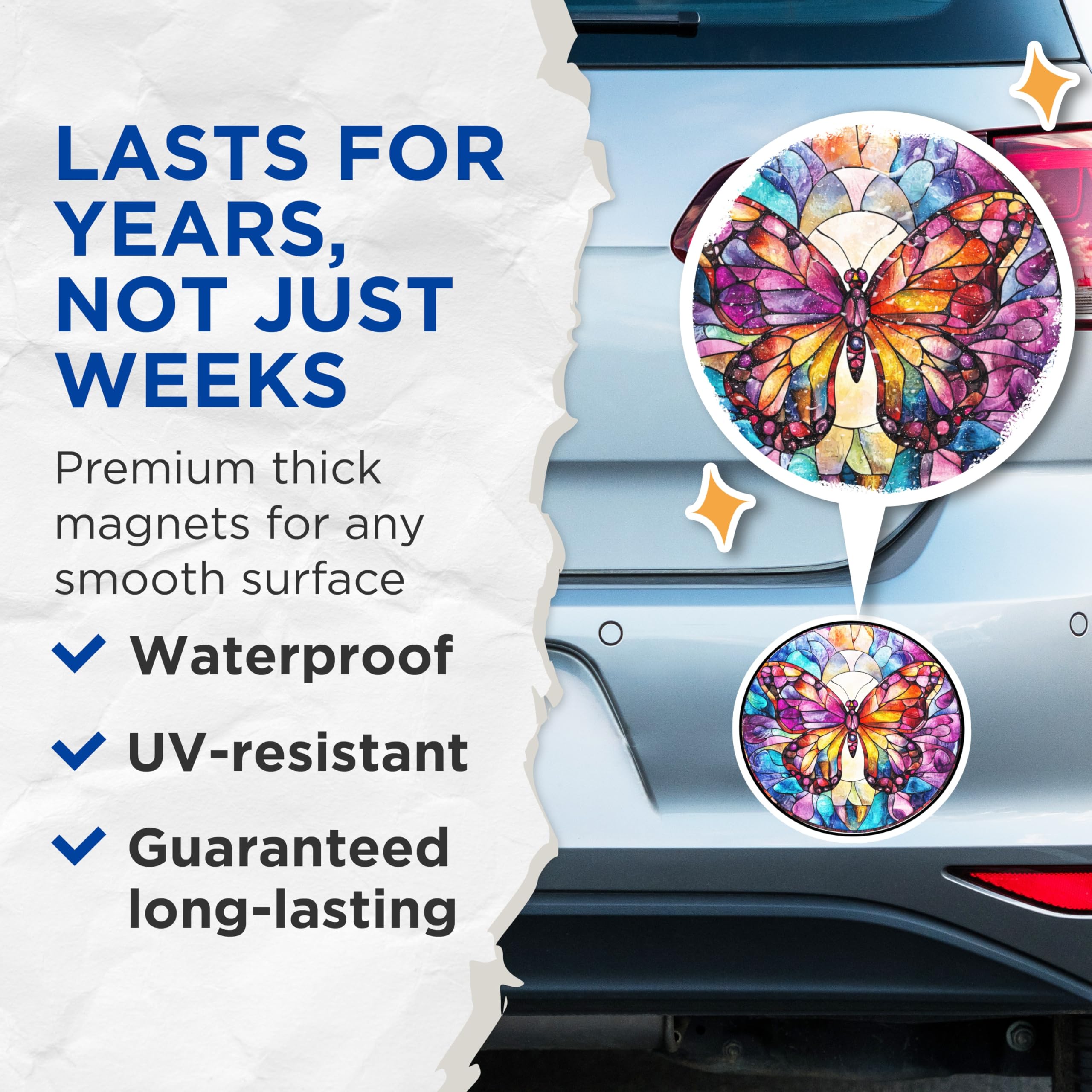 (2 Pack) Stained Glass Butterfly Magnets - Vibrant Fridge Decor - Artistic Home Accent - 5 Inches On Longest Side - Thick Durable Magnet - Made in USA - MAG30227
