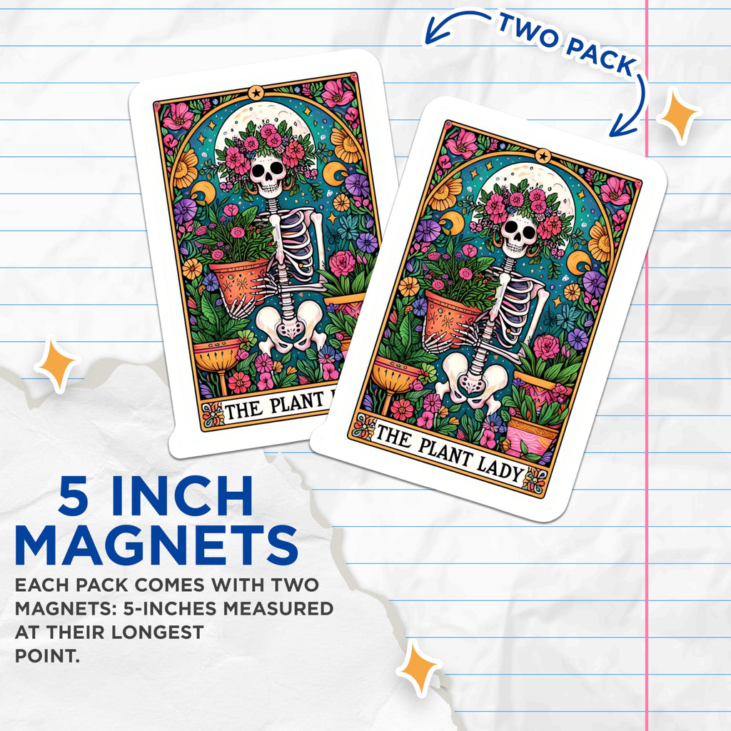 (2 Pack) The Plant Lady Magnets - Floral Skeleton Gardener - Witchy Botanical Decor - Tarot Card Art Style - 5 Inches On Longest Side - Thick Durable Magnet - Made in USA - MAG24319