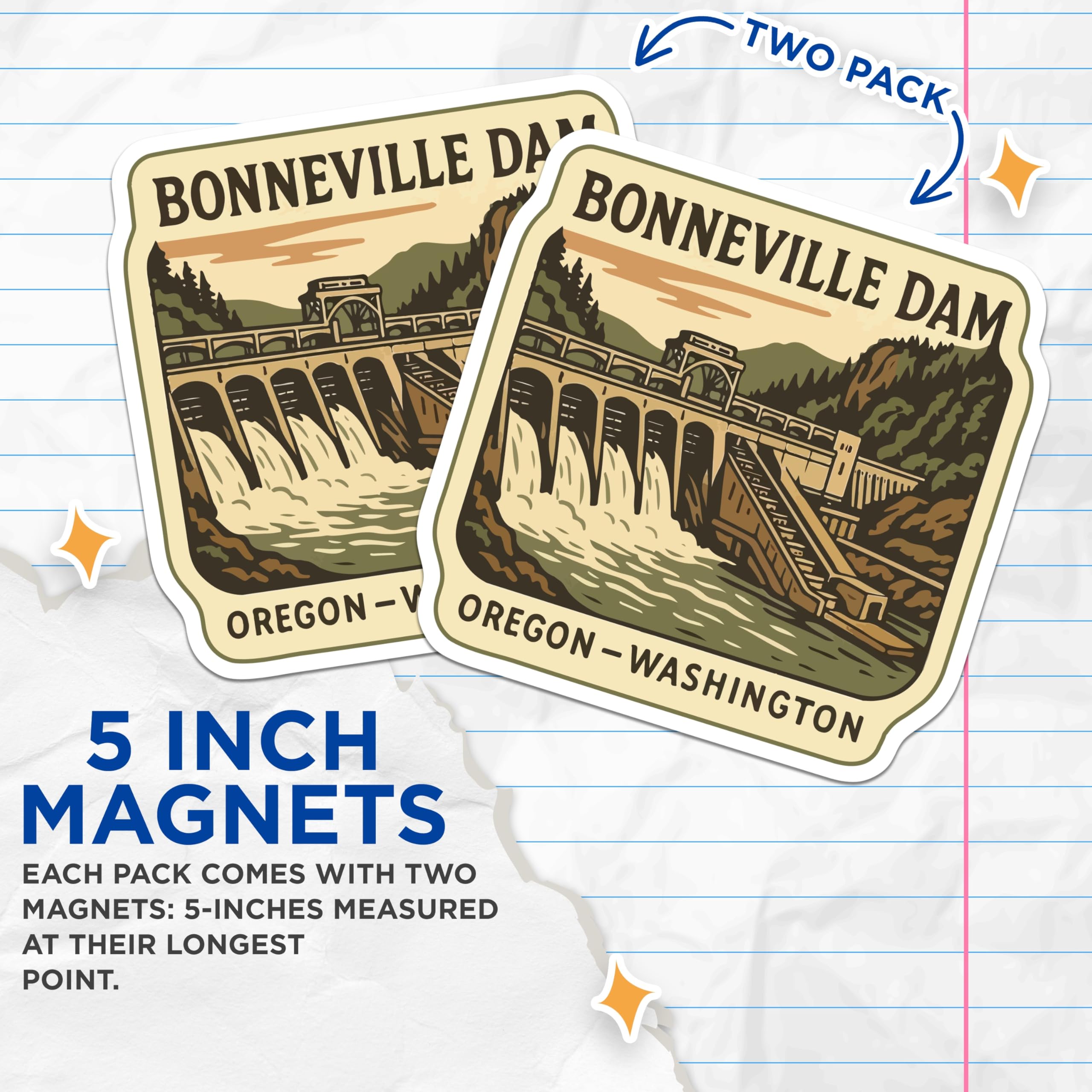 (2 Pack) Bonneville Dam Magnets - Oregon Washington Landmark - Vintage Travel Souvenir - 5 Inches On Longest Side - Thick Durable Magnet - Made in USA - MAG19522