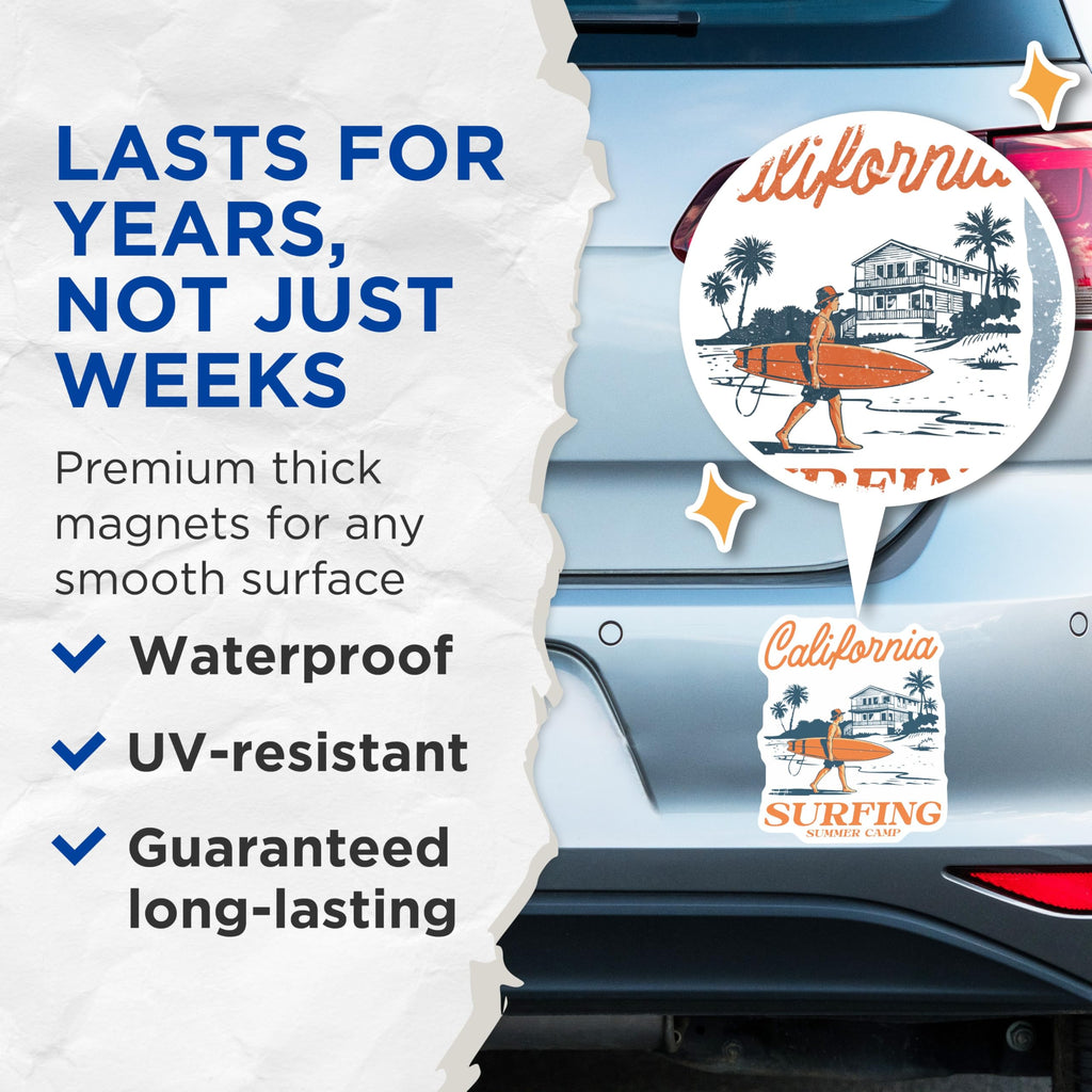 (2 Pack) Surfing Summer Camp Magnets - California Beach Decor - Retro Surfboard Magnets - 5" On Longest Side - Premium Magnet - for Cars, Refrigerators, Toolboxes, Lockers - Made in USA - MAG18246