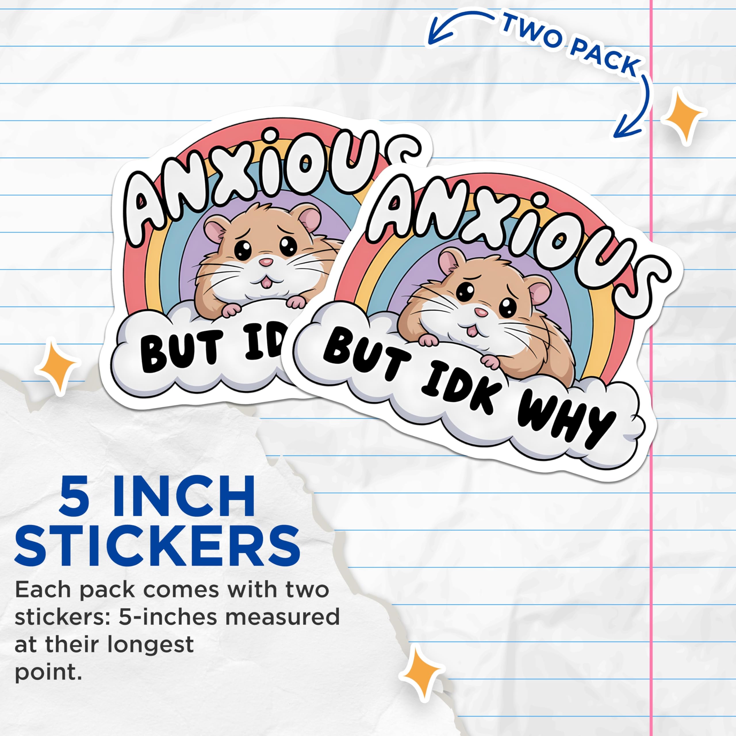 (2 Pack) Anxious Hamster Stickers - IDK Why Cute Animal Decal - Mental Health Awareness Rainbow Cloud Emotional Sticker - 5" On Longest Side - Sticks to Smooth Flat Surfaces - Made in USA - BMCS21341