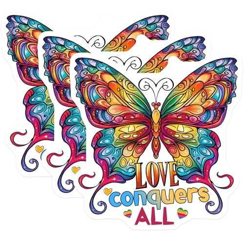 (3 Pack) Love Conquers All Decals - Butterfly Stickers - Rainbow Decal - 3 Inches On Longest Side - Easy Peel & Apply - Made in USA - 3MCS7944