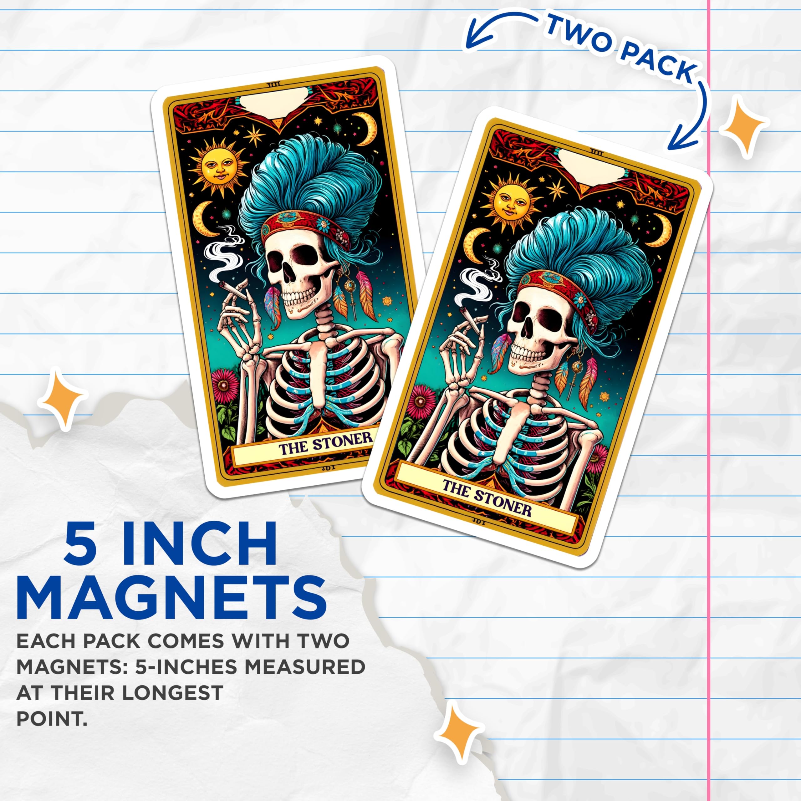 (2 Pack) Stoner Skeleton Magnets - Tarot Card Art - Hippie Bohemian Decor - 5 Inches On Longest Side - Thick Durable Magnet - Made in USA - MAG22425