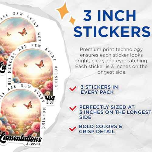 (3 Pack) His Mercies are New Decals - Christian Decal - Butterfly and Flower Inspirational Decal - 3 Inches On Longest Side - Easy Peel & Apply - Made in USA - 3MCS0077