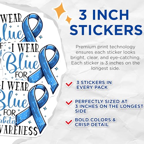 (3 Pack) Diabetes Awareness Decals - Blue Ribbon Stickers - Laptop Decal Stickers - 3 Inches On Longest Side - Easy Peel & Apply - Made in USA - 3MCS2594