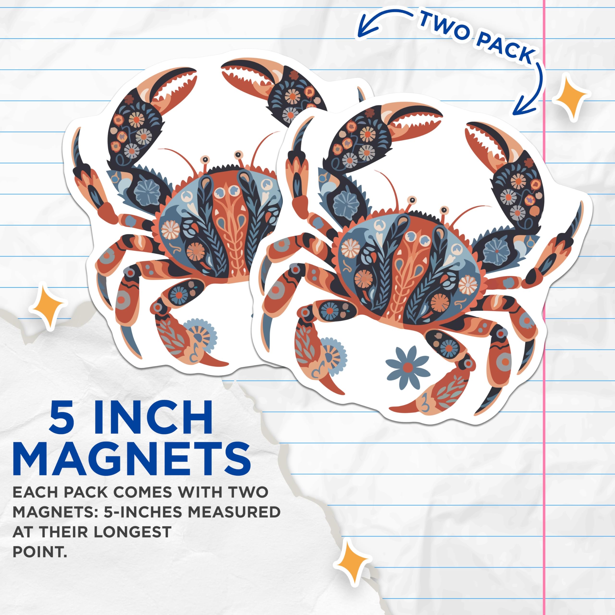 (2 Pack) Patterned Crab Magnets - Folk Art Sea Life Decor - Ocean Kitchen Refrigerator Accent - 5 Inches On Longest Side - Thick Durable Magnet - Made in USA - MAG21582