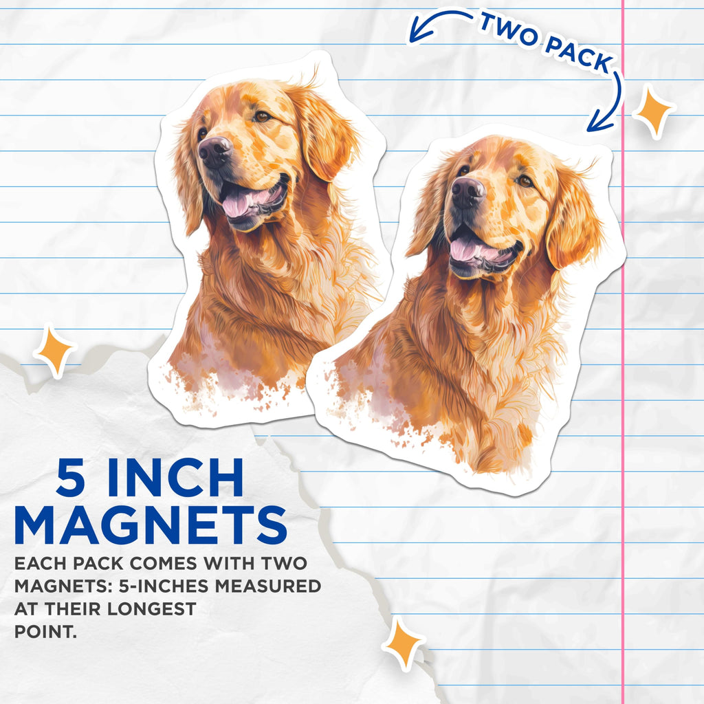 (2 Pack) Golden Retriever Magnets - Dog Lover Refrigerator - Pet Parent Decor - Animal Art - 5 Inches On Longest Side - Thick Durable Magnet - Made in USA - MAG30508