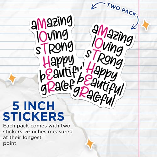 (2 Pack) Mom Amazing Loving Strong Beautiful Graceful Stickers - Mother's Day Stickers - Inspirational Stickers - 5" On Longest Side - Sticks to Smooth Flat Surfaces - Made in USA - BMCS5244