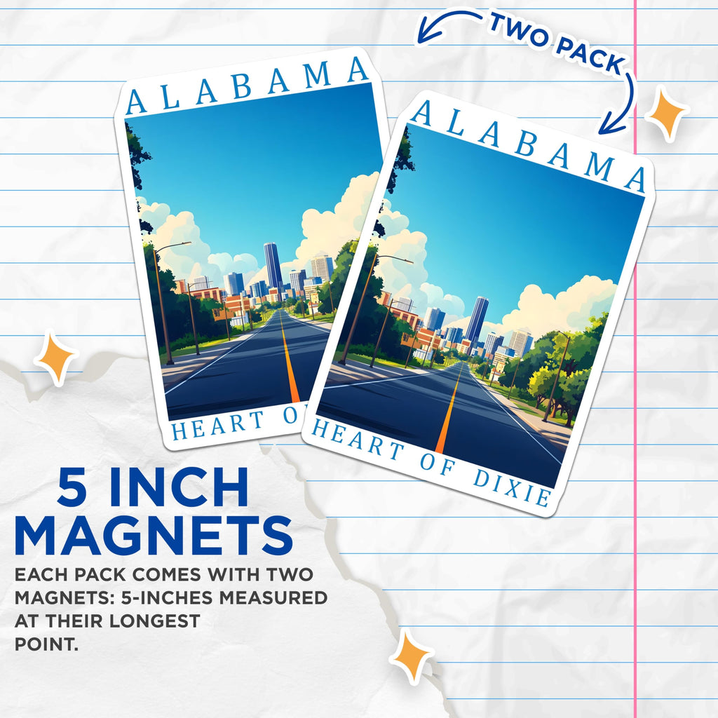(2 Pack) Alabama Magnets - Heart of Dixie - Cityscape Souvenir Magnets - 5" On Longest Side - Premium Magnet - for Cars, Refrigerators, Toolboxes, Lockers - Made in USA - MAG18790