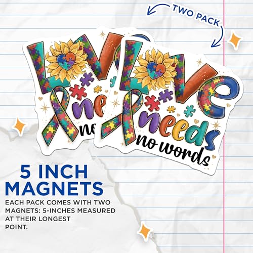 (2 Pack) Love Needs No Words Magnets - Puzzle Piece Awareness - Colorful Autism Support ation - 5" On Longest Side - for Cars, Fridges, Toolboxes - Made in USA - MAG4157