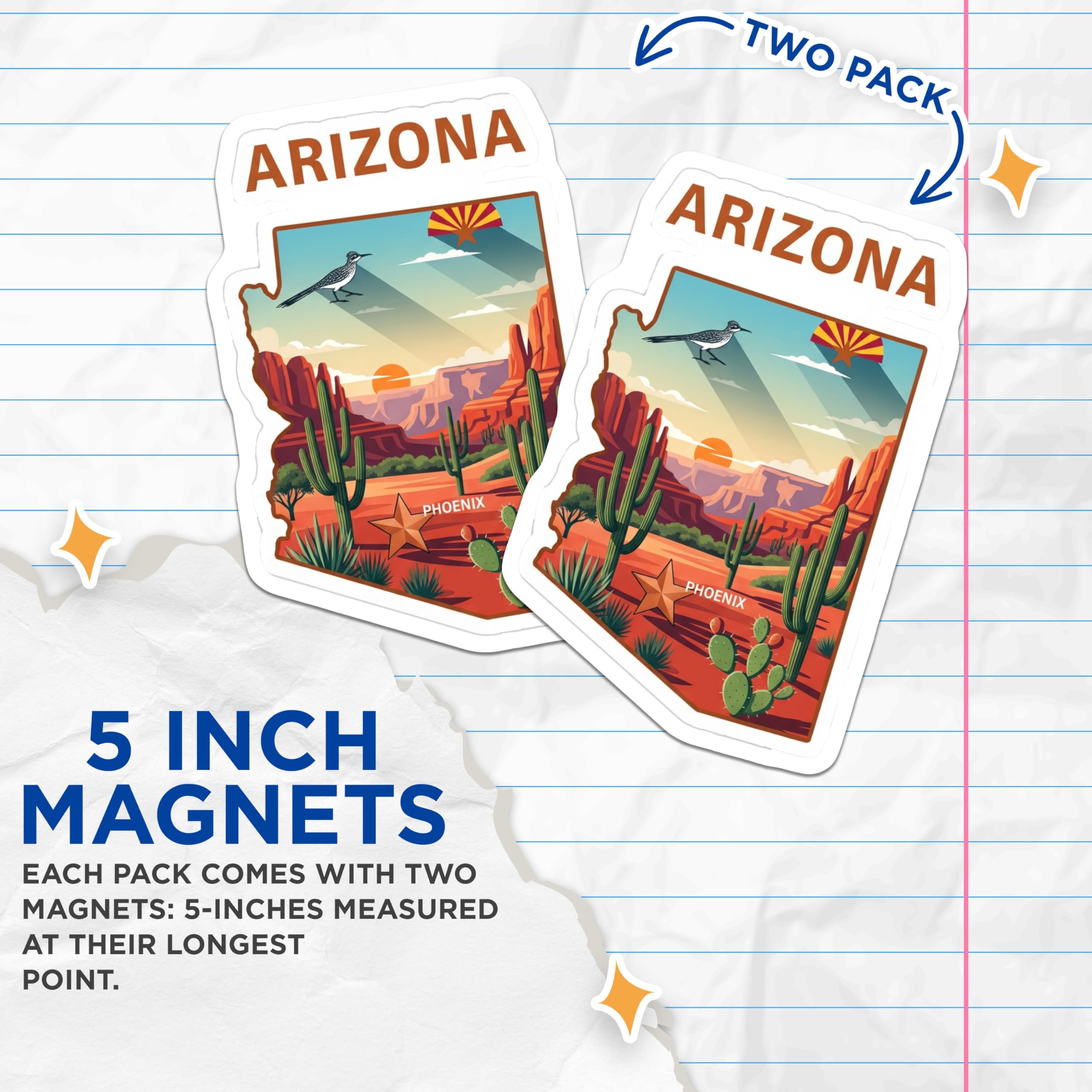 (2 Pack) Arizona Magnets - Roadrunner Desert Scene - Phoenix Souvenir Magnets - 5" On Longest Side - Premium Magnet - for Cars, Refrigerators, Toolboxes, Lockers - Made in USA - MAG18597