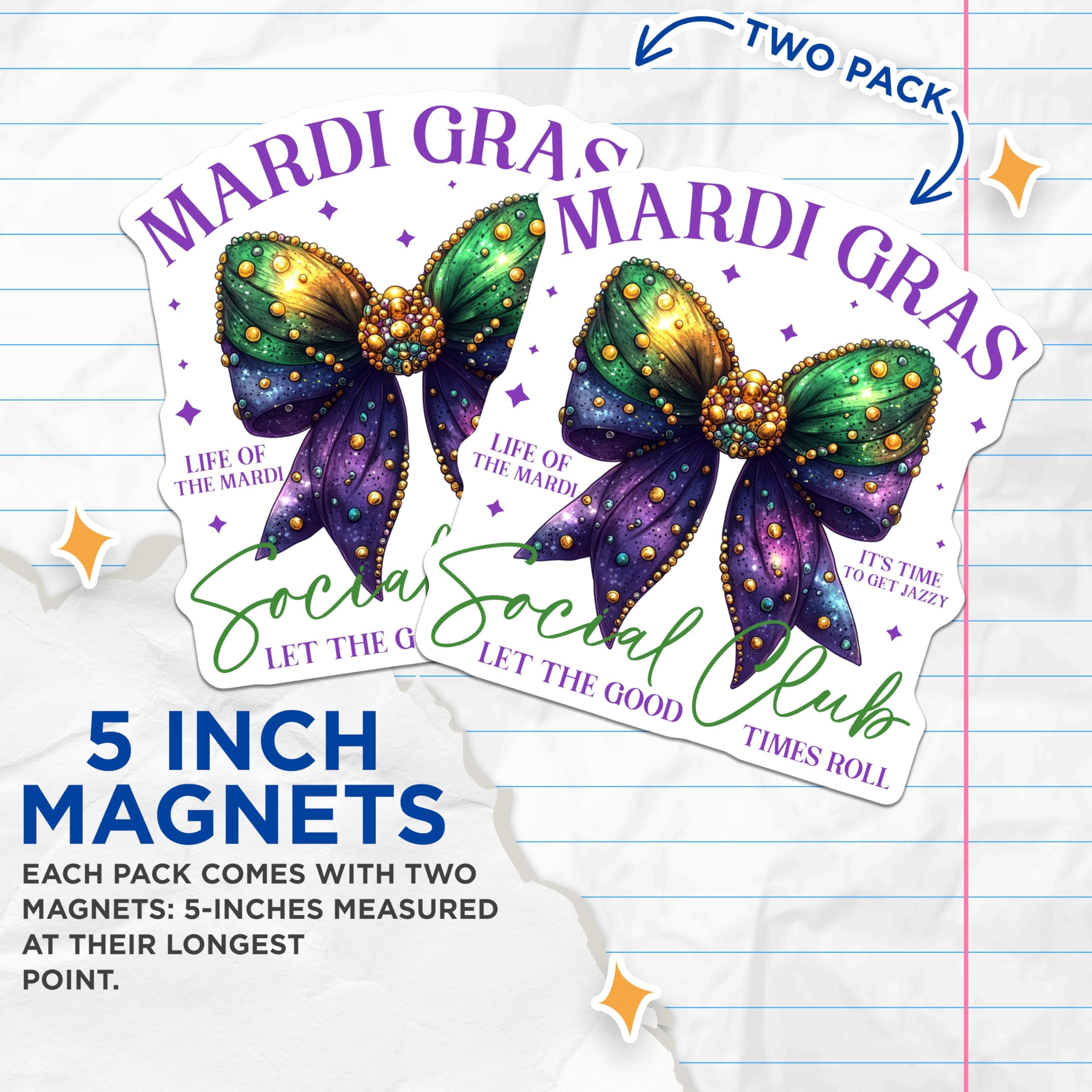(2 Pack) Mardi Gras Social Club Magnets - Let The Good Times Roll - Festive New Orleans Decor - 5" On Longest Side - for Cars, Refrigerators, Toolboxes, Lockers - Made in USA BMCS3404
