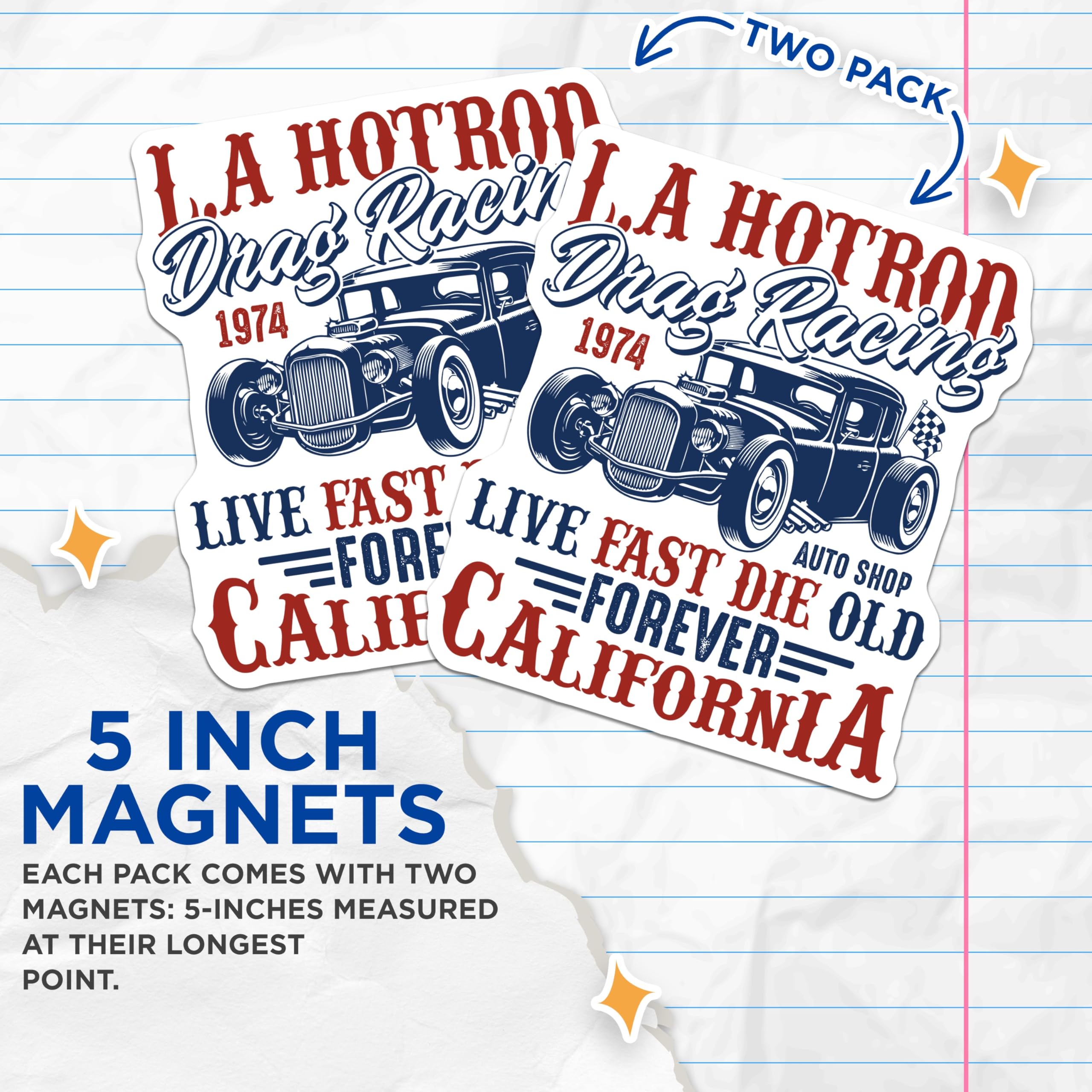 (2 Pack) Hot Rod Magnets - Drag Racing Decor - Auto Shop Accessory Magnets - 5" On Longest Side - Premium Magnet - for Cars, Refrigerators, Toolboxes, Lockers - Made in USA - MAG17208