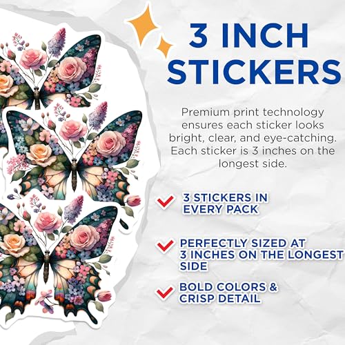 (3 Pack) Floral Butterfly Decals - Nature Inspired Stickers - Laptop Decal - 3 Inches On Longest Side - Easy Peel & Apply - Made in USA - 3MCS0065