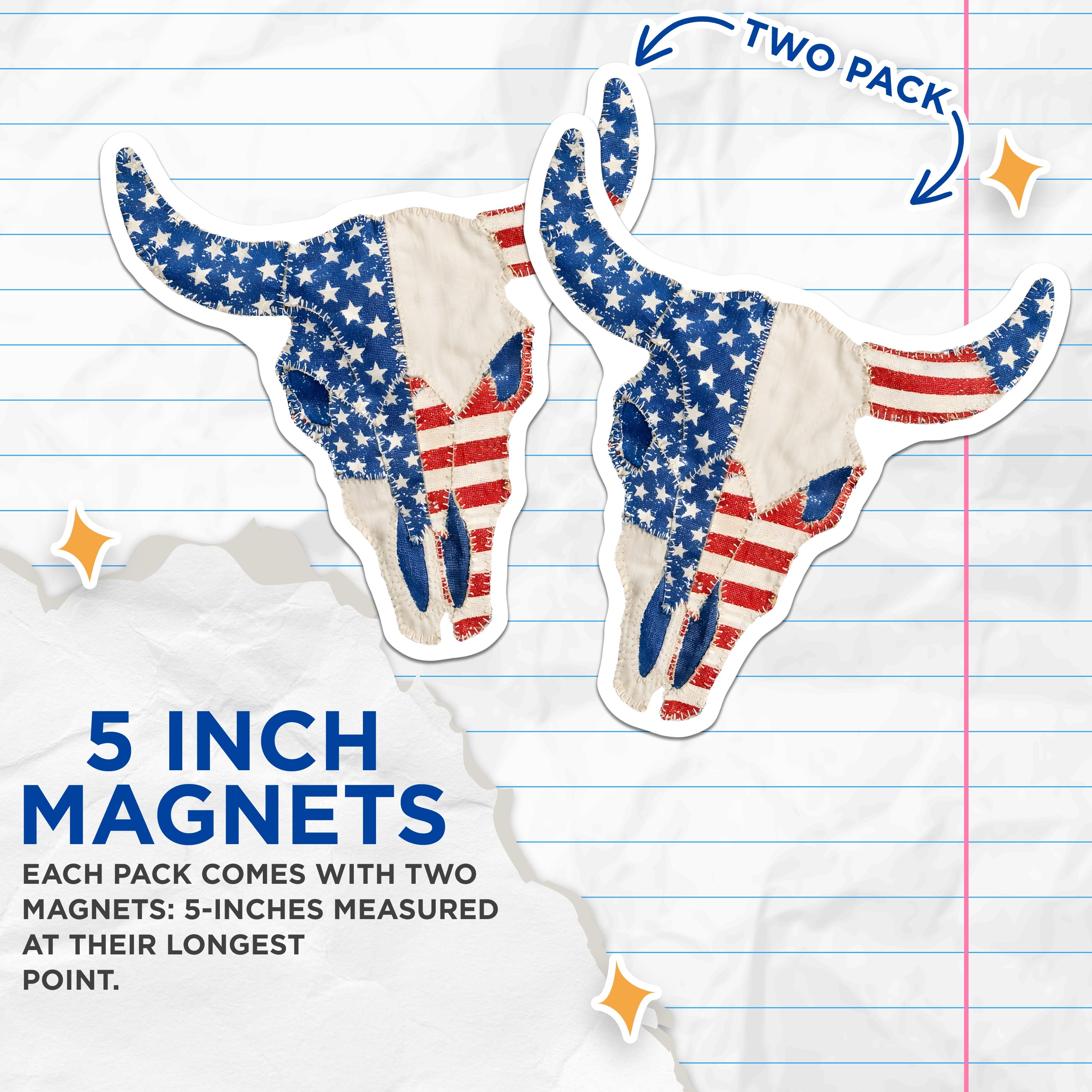 (2 Pack) American Flag Bull Skull Magnets - Patriotic Western Decor - Rustic Americana Art - 5 Inches On Longest Side - Thick Durable Magnet - Made in USA - MAG37307