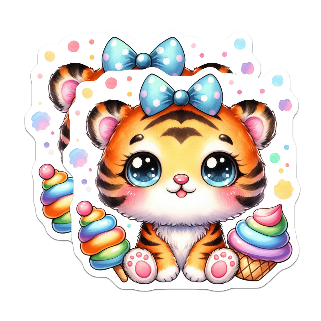 (2 Pack) Cute Tiger Magnets - Kawaii Animal Fridge Decor - Ice Cream Lover Home Item - Kids Nursery Art - 5 Inches On Longest Side - Thick Durable Magnet - Made in USA - MAG37251