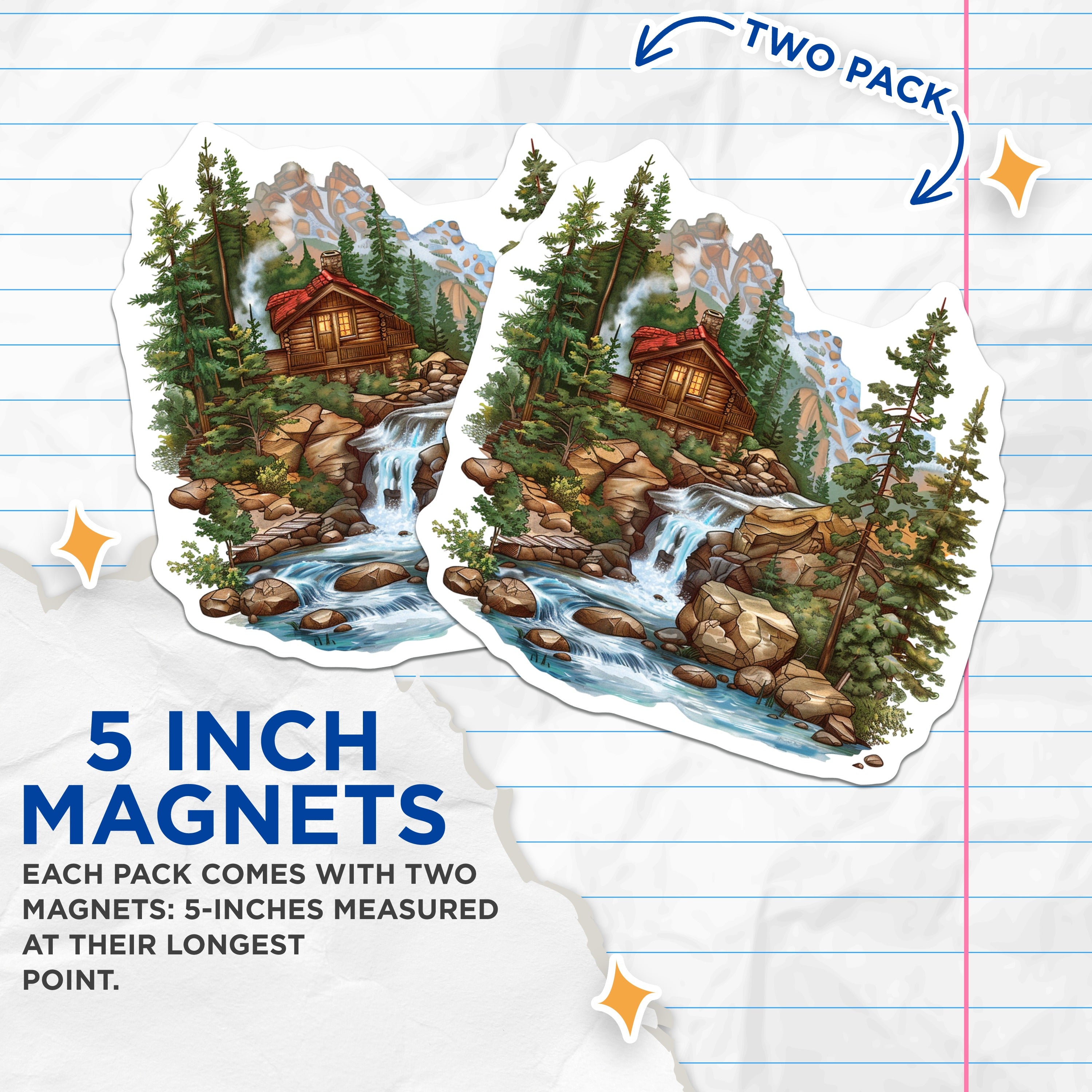(2 Pack) Cozy Cabin Magnets - Mountain Waterfall Scene - Rustic Forest Home Decor - Wilderness Adventure Magnet Set - 5 Inches On Longest Side - Thick Durable Magnet - Made in USA - MAG38131