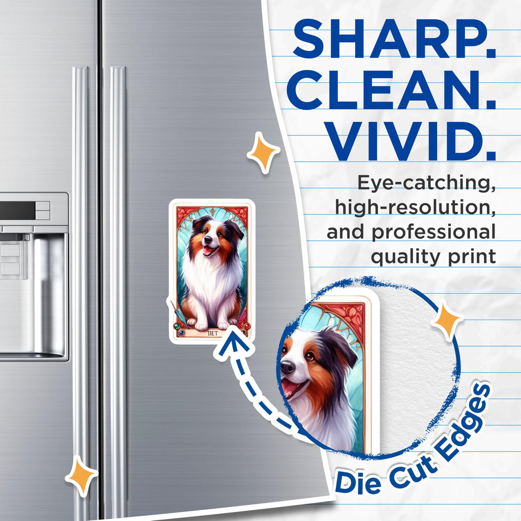 (2 Pack) Australian Shepherd Magnets - Cheerful Aussie Dog Lover Home Decor - Whimsical Stained Glass Inspired Pet Art - 5 Inches On Longest Side - Thick Durable Magnet - Made in USA - MAG21448