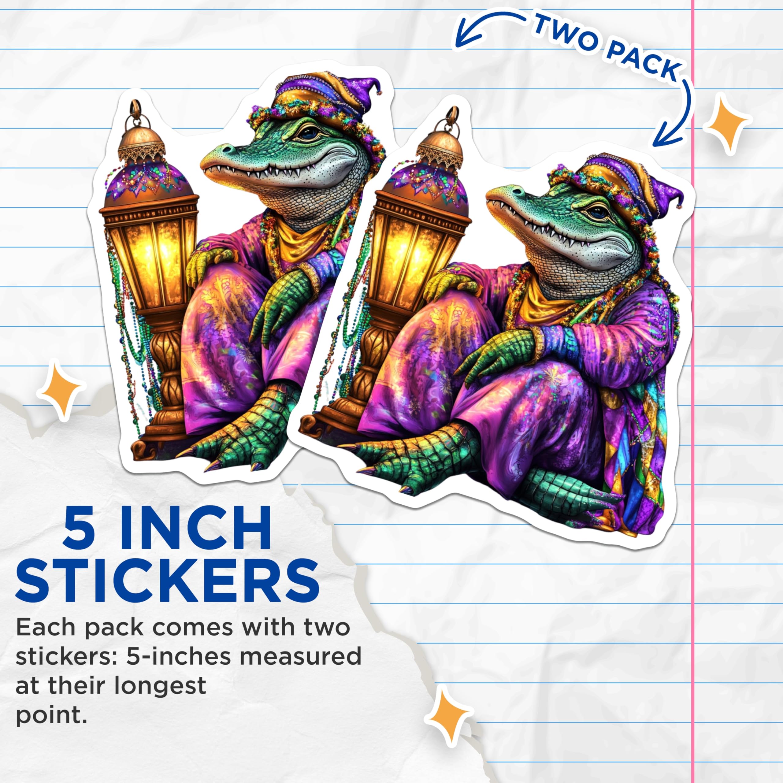 (2 Pack) Mardi Gras Alligator Stickers - Louisiana Gator - Party Decals - 5" On Longest Side - Sticks to Smooth Flat Surfaces - Made in USA - BMCS14083