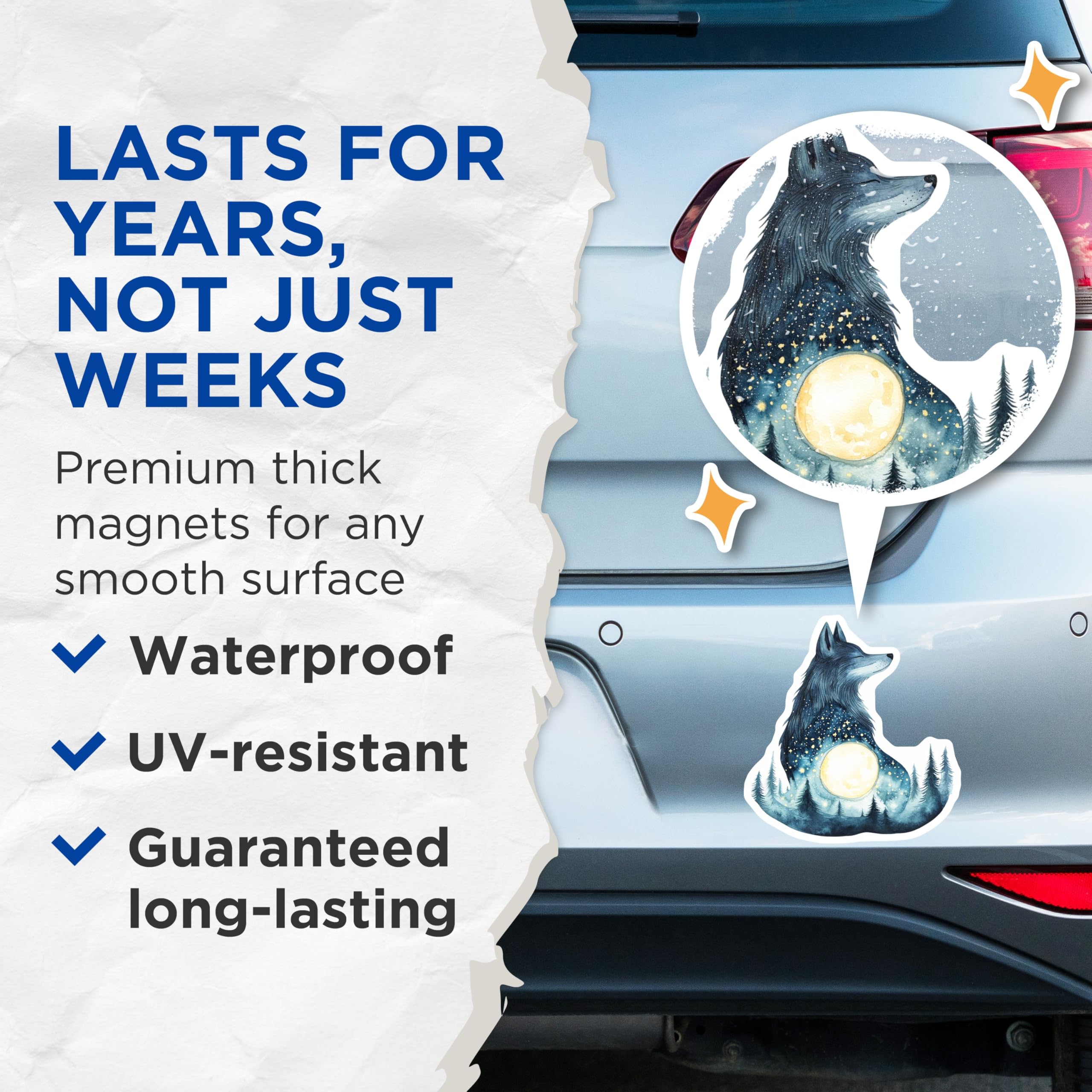(2 Pack) Wolf Moon Magnets - Celestial Wolf - Forest Magnets - 5" On Longest Side - Premium Magnet - for Cars, Refrigerators, Toolboxes, Lockers - Made in USA - MAG15562