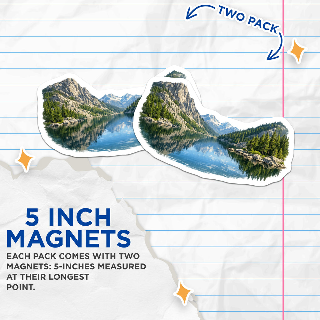 (2 Pack) Mountain Lake Landscape Magnets - Scenic Forest View - Wilderness Adventure Refrigerator Art - 5 Inches On Longest Side - Thick Durable Magnet - Made in USA - MAG39374