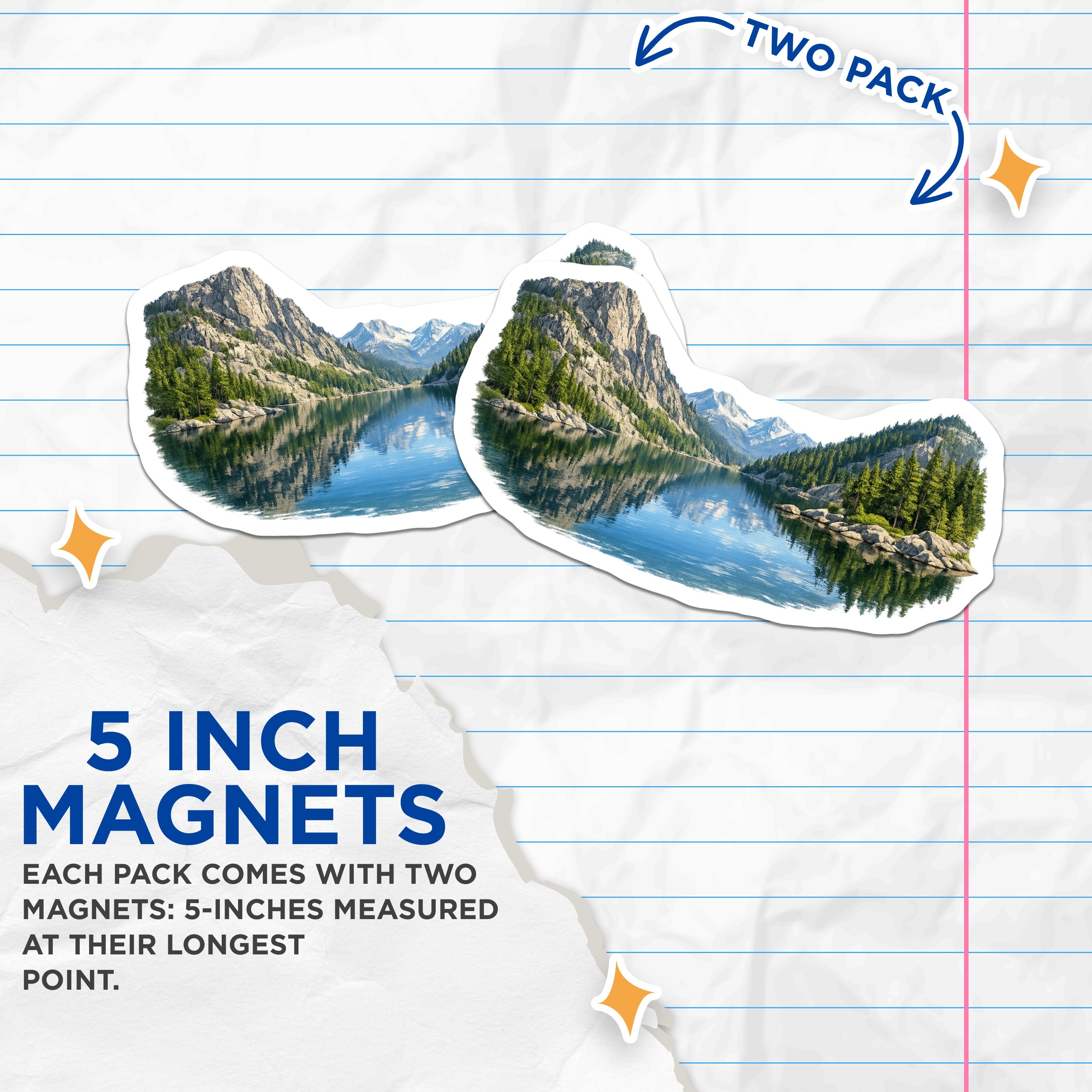 (2 Pack) Mountain Lake Landscape Magnets - Scenic Forest View - Wilderness Adventure Refrigerator Art - 5 Inches On Longest Side - Thick Durable Magnet - Made in USA - MAG39374