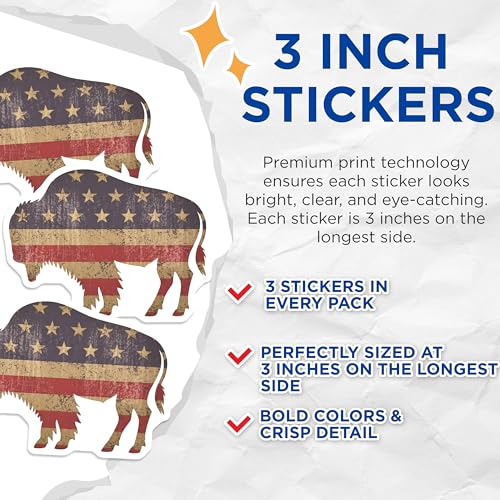 (3 Pack) American Buffalo Decals - Patriotic Bison - USA Flag Decal - 3 Inches On Longest Side - Easy Peel & Apply - Made in USA - 3MCS8330