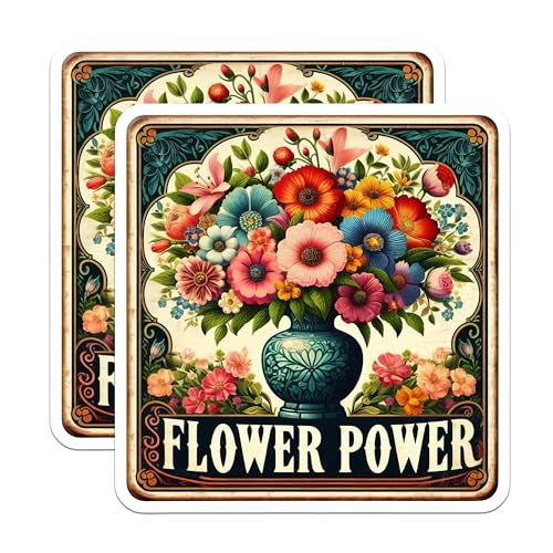 (2 Pack) Flower Power Stickers - Retro Flower Vase - Colorful Floral Bouquet Decal - Hippie Flower Water Bottle Stickers - 5" On Longest Side - Sticks to Smooth Flat Surfaces - Made in USA - BMCS7197
