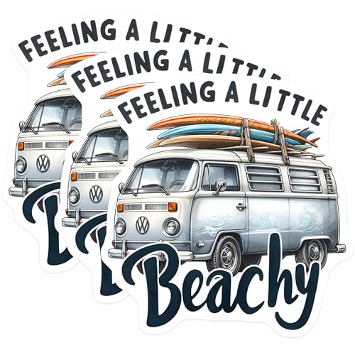 (3 Pack) Beachy Van Decals - Surfing VW Bus - Summer Trip Vibes - 3 Inches On Longest Side - Easy Peel & Apply - Made in USA - 3MCS8042