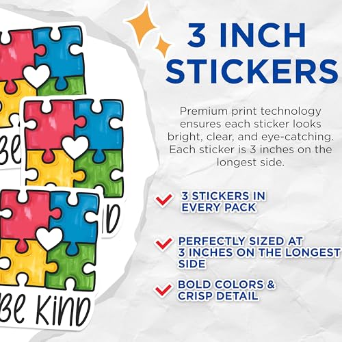 (3 Pack) Be Kind Puzzle Decals - Autism Awareness - Heart Puzzle Piece - 3 Inches On Longest Side - Easy Peel & Apply - Made in USA - 3MCS7192