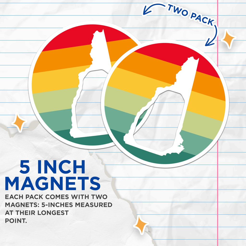 (2 Pack) New Hampshire Magnets - NH State Outline Art - Retro Sunset Design - US State Souvenir Fridge Magnet - 5 Inches On Longest Side - Thick Durable Magnet - Made in USA - MAG23109