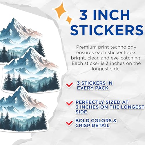 (3 Pack) Mountain Range Decals - Pine Tree Art - Laptop Decal - 3 Inches On Longest Side - Easy Peel & Apply - Made in USA - 3MCS1163