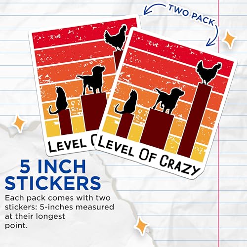 (2 Pack) Funny Animal Stickers - Level of Crazy - Cat Dog Chicken Sticker for Laptops Water Bottles - 5" On Longest Side - Sticks to Smooth Flat Surfaces - Made in USA - BMCS5772