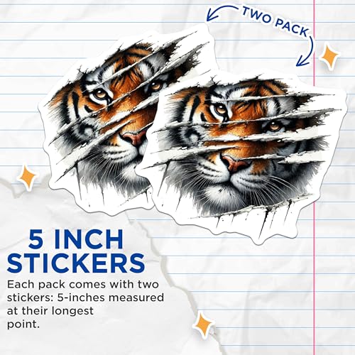 (2 Pack) Tiger Face Stickers - Wild Animal Art - Tiger Lover Sticker Decals for Personalization - 5" On Longest Side - Sticks to Smooth Flat Surfaces - Made in USA - BMCS6263