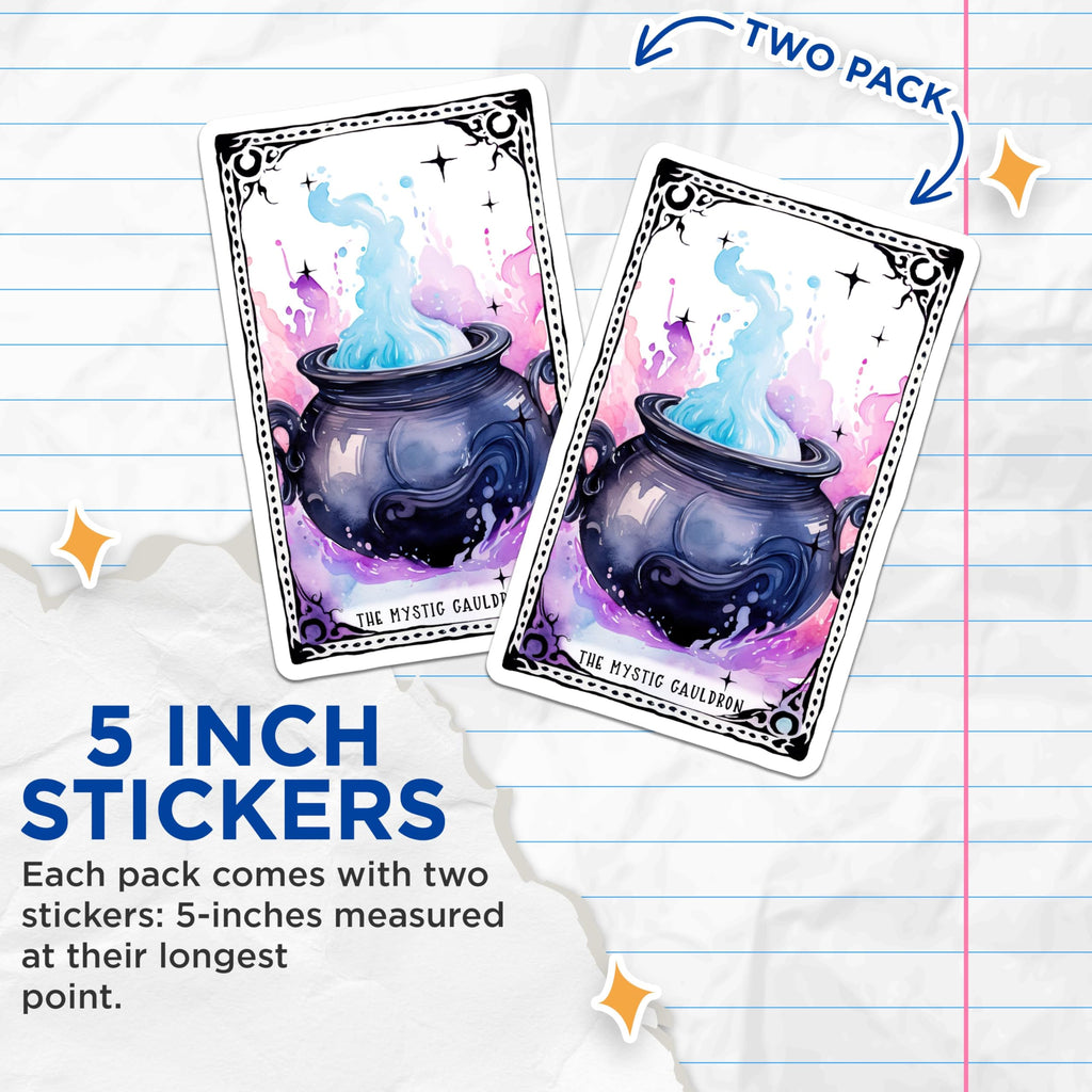 (2 Pack) Mystic Cauldron Stickers - Fantasy Magic Stickers - Witch Craft Art Decal - 5" On Longest Side - Sticks to Any Smooth Flat Surface - Made in USA - BMCS3590